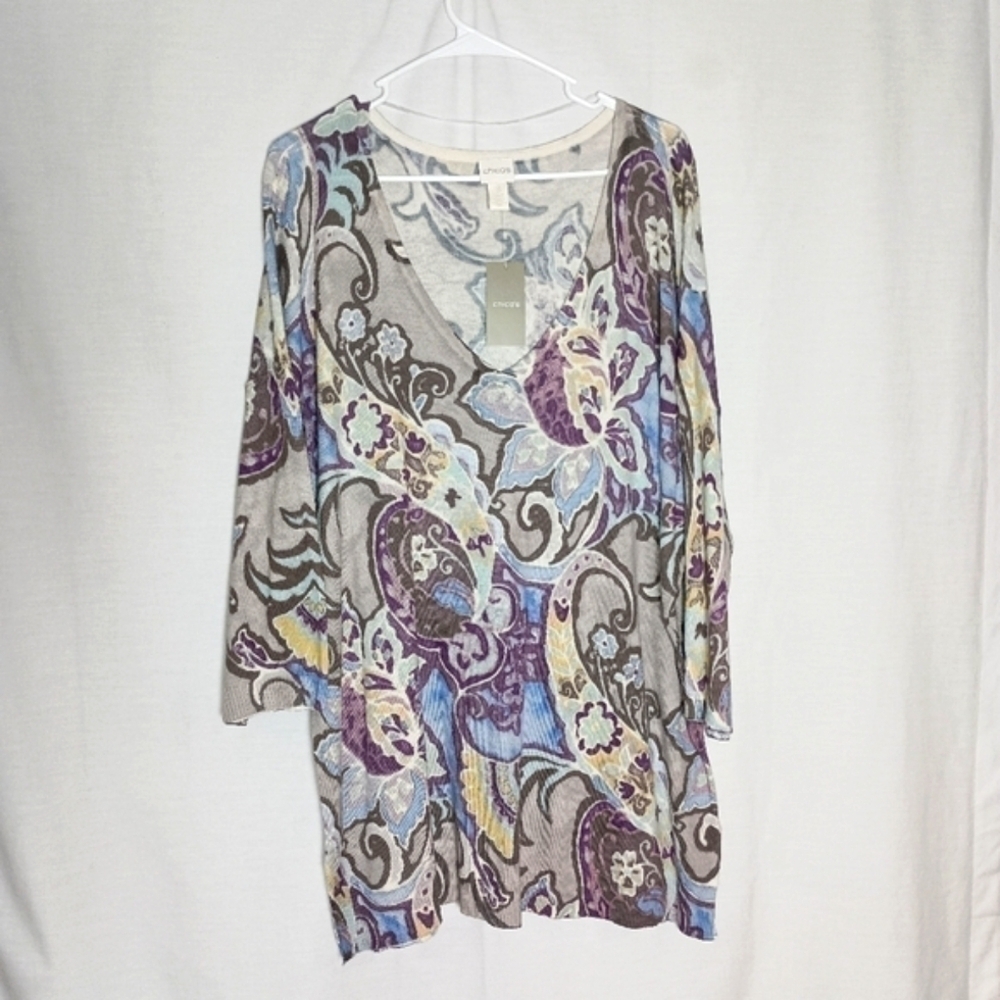 Chicos Sweatshirt Womens Size XL 3 V neck Ebony Pullover Floral Paisley NWT